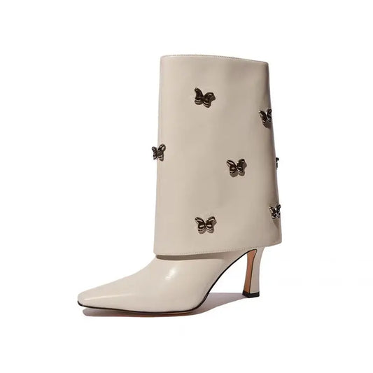 Wide Mid-Calf Butterfly Studded High Heel Boots