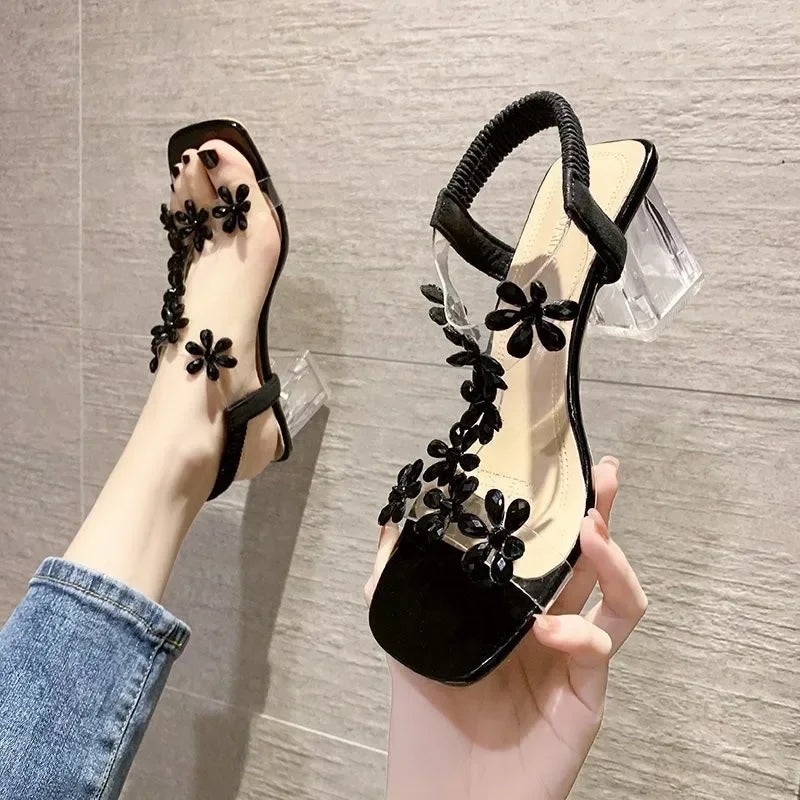 Crystal Flower Slingback High Heel Sandals
