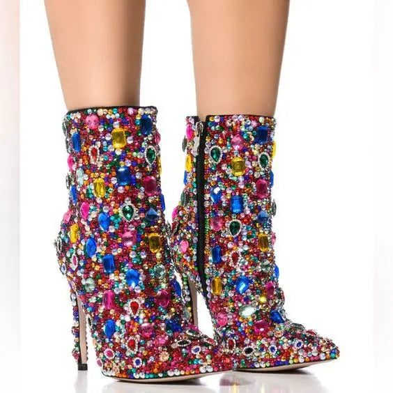 Multi-Color Rhinestone Covered High Heel Ankle Boots