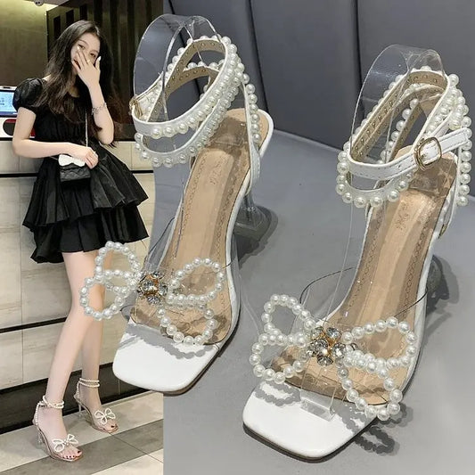 Pearl Bow Pearl Strap High Heel Sandals