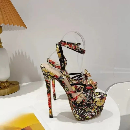 Retro Floral Print High Heel Platform Sandals