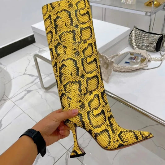 Python Print Side Zipper High Heel Boots