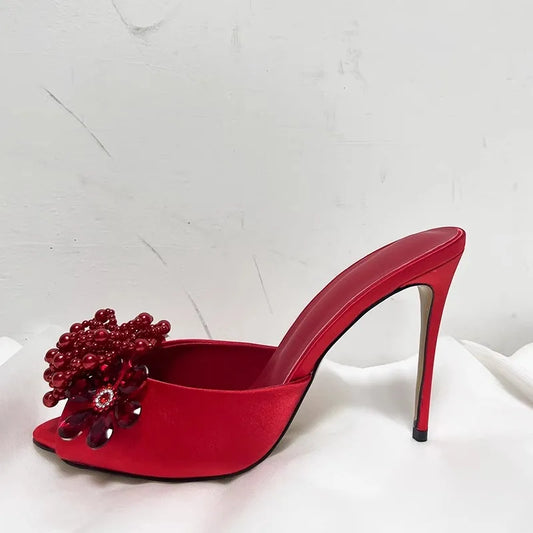 Jewel Flower High Heels Mule Sandals