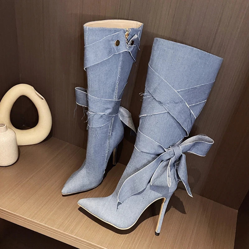 Blue Denim Butterfly Knot Boots