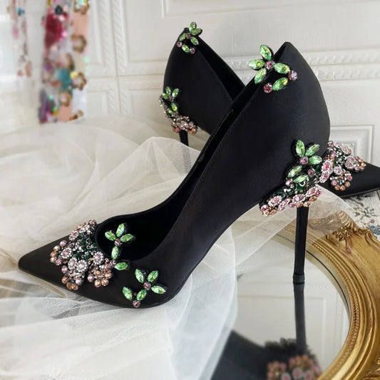 Rhinestone Crystal Flower Satin High Heels