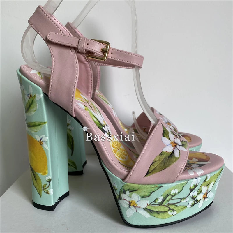 "Gabardine" Floral Printed High Heel Platform Sandals Inspired By Dolce & Gabbbana