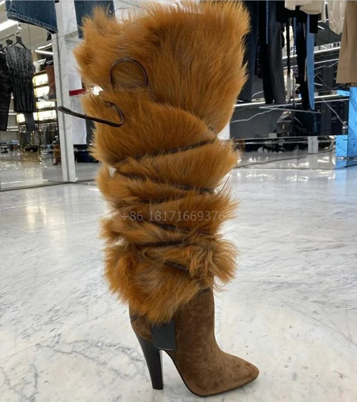 Brown Faux Fur Boots Inspired By Saint Lauren