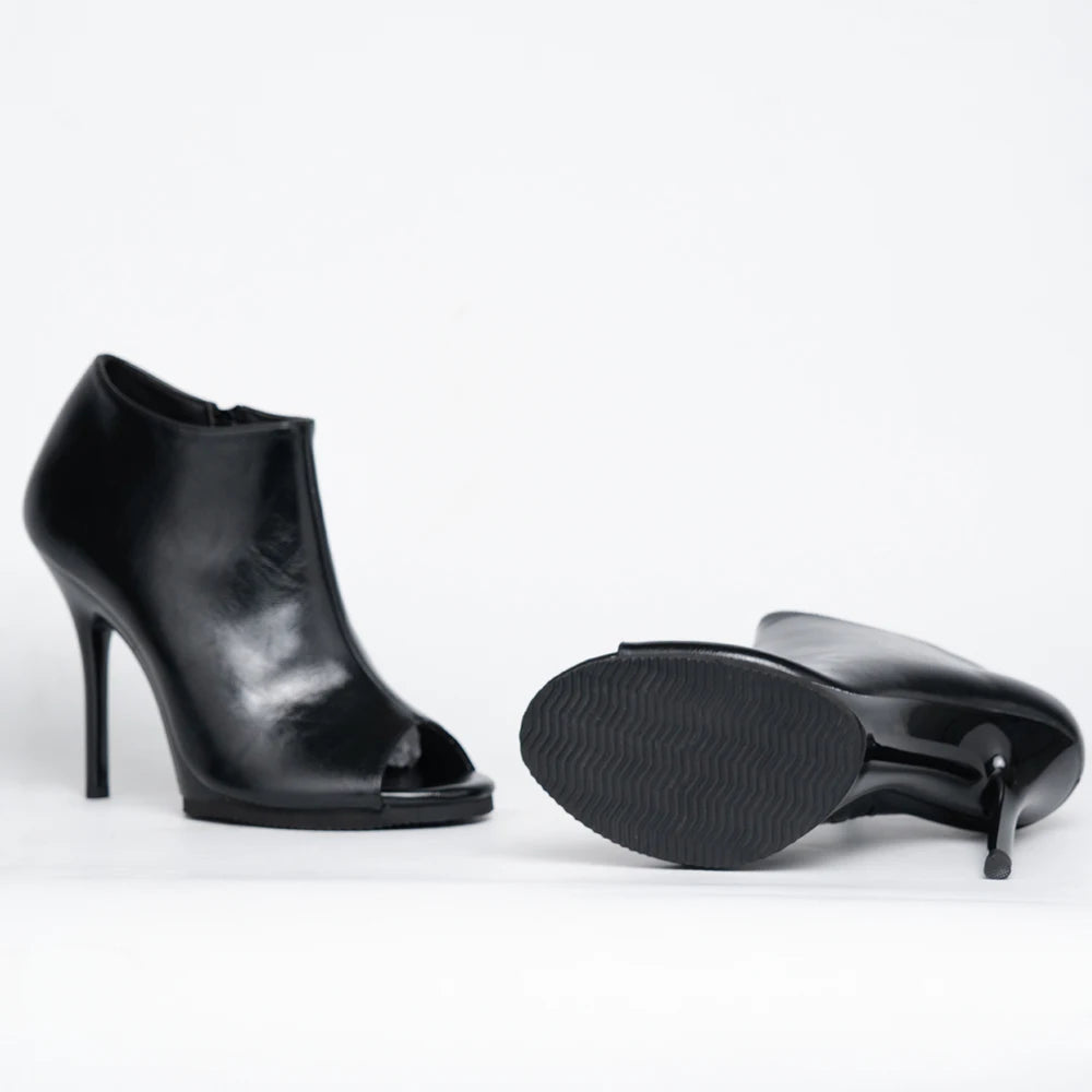 Black Peep-Toe High Heel Ankle Boots