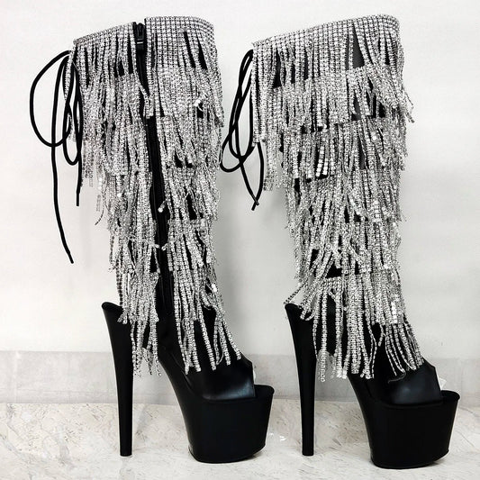 Rhinestone Fringe Knee-High Boots