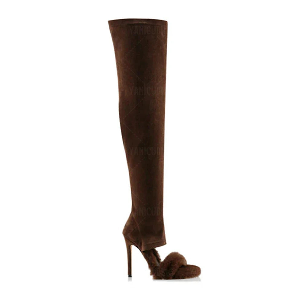 Suede x Fur Over The Knee Stiletto Boots