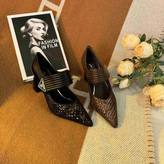 Thick Strap Pendent Block Heel Pumps