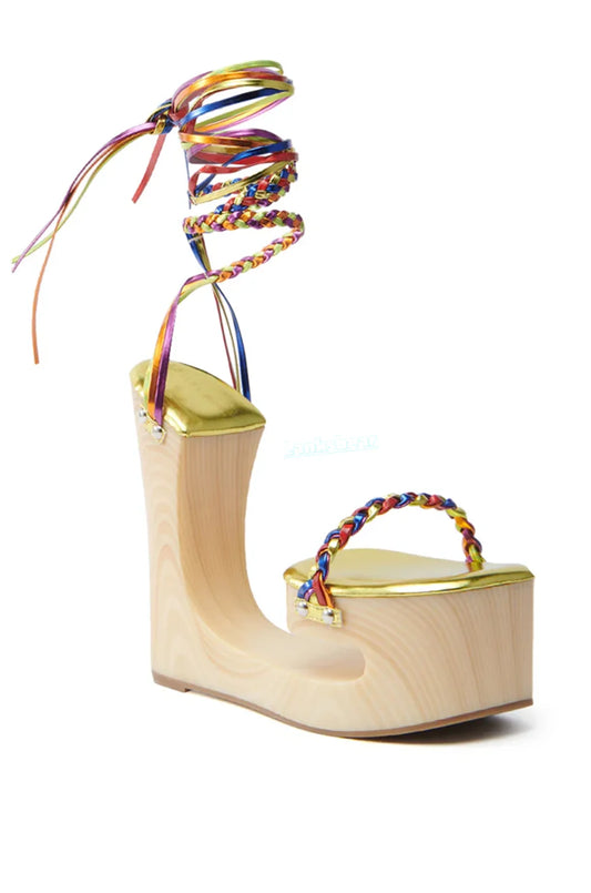 Rainbow Strappy Wooden Lace Up Wedge Heel Sandals