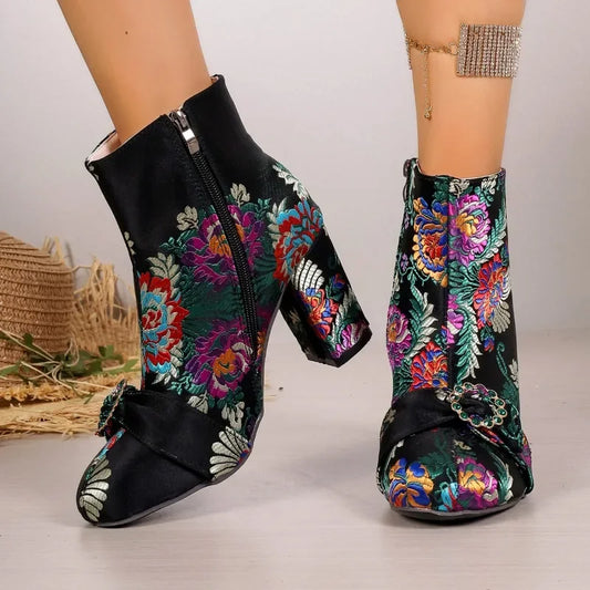 Floral Embroidered Jewel Detail Zipper Ankle Booties