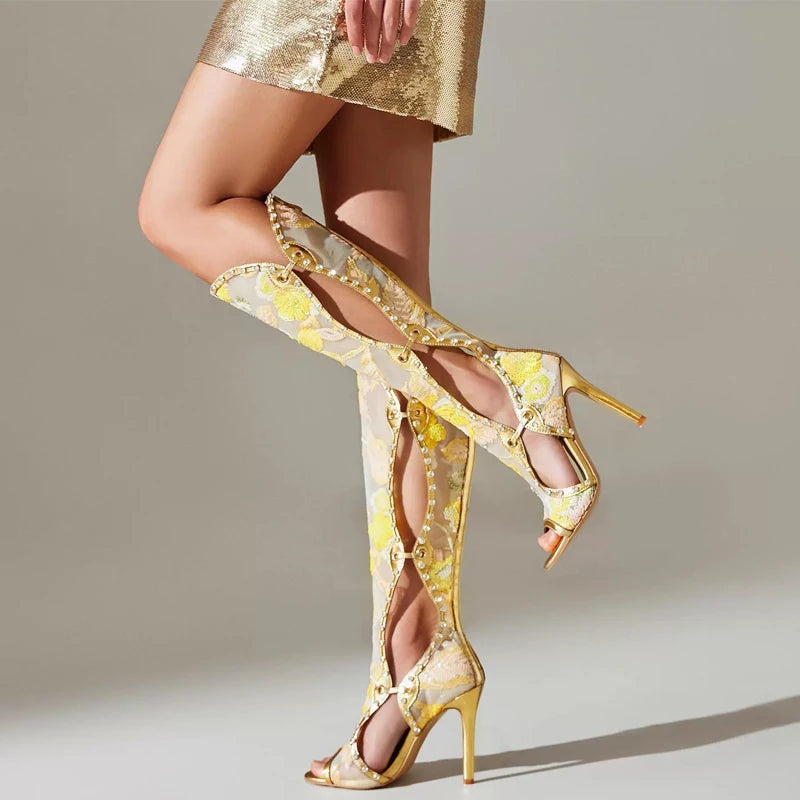 Yellow Floral Rhinestone Stilettos Knee-High Open Boots