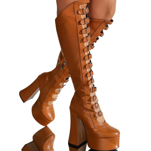 Knee-High Buckle Platform High Heel Boots