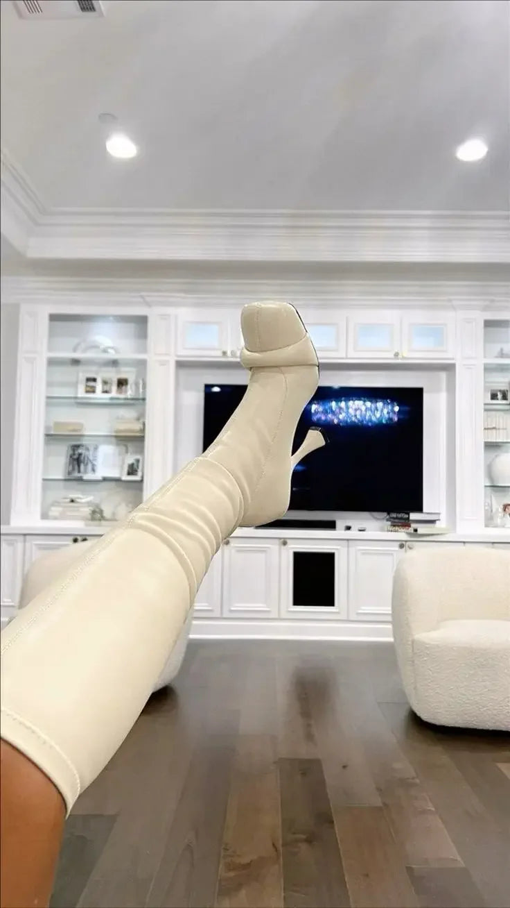 Square Tube Detail Knee High High Heel Boots