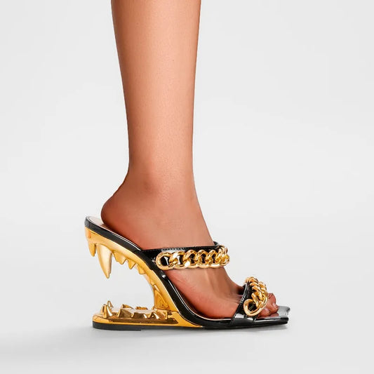 Gold Tiger Teeth High Heel Mule Sandals