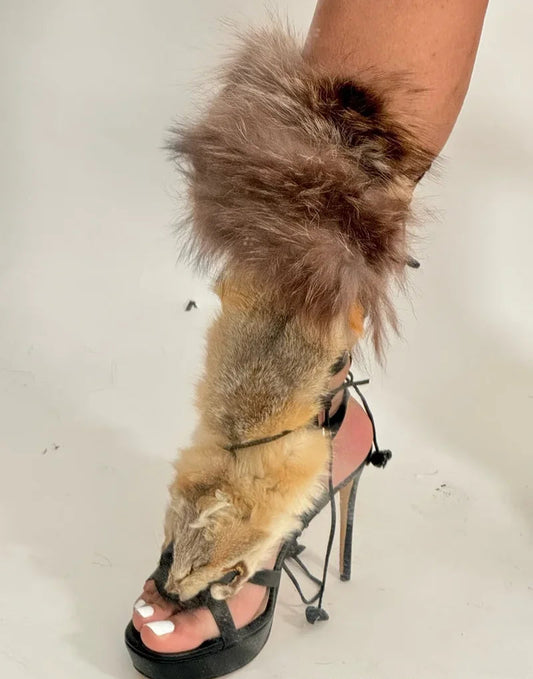 Trimmed Fur Lace-Up Gladiator Stiletto Sandals