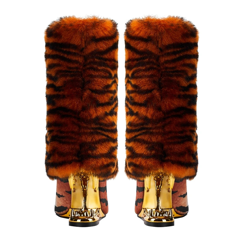 Tiger Print Fang High Heel Ankle Boots