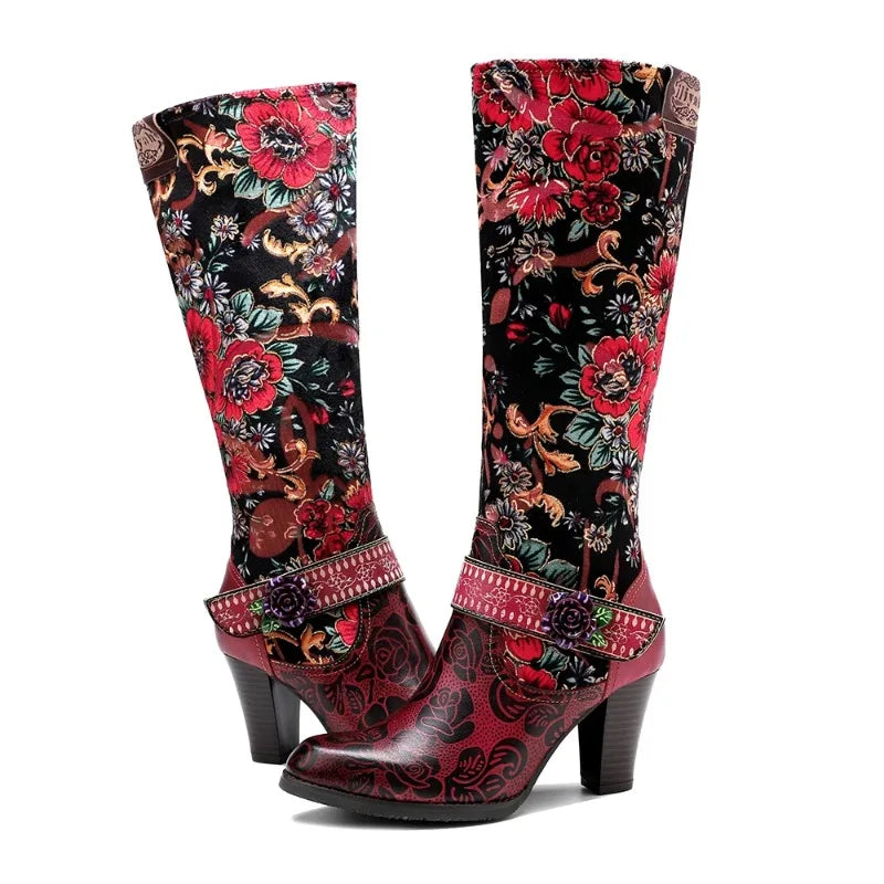 Vintage Floral Patchwork Western High Heel Boots