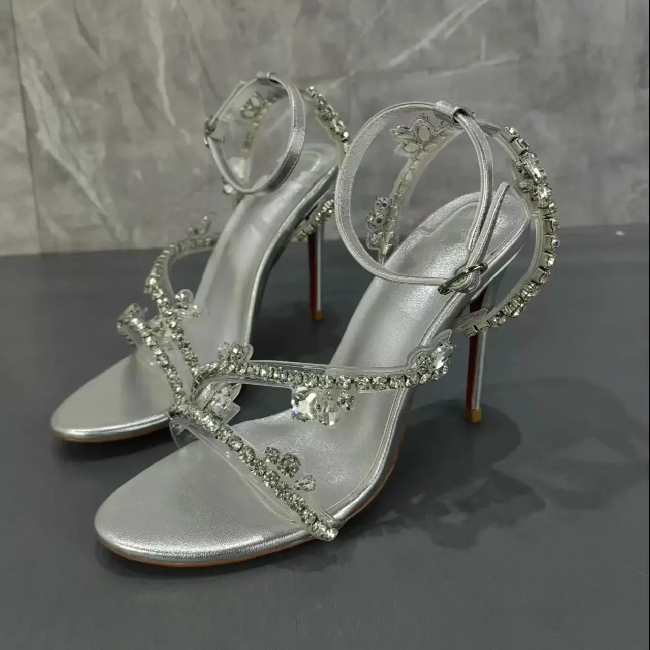 Crystal Silver Ankle Strap Stiletto Sandals Inspired By Christian Louboutin