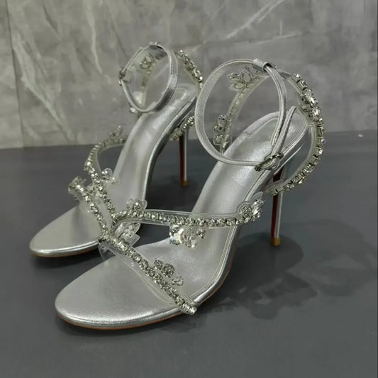 Crystal Silver Ankle Strap Stiletto Sandals Inspired By Christian Louboutin
