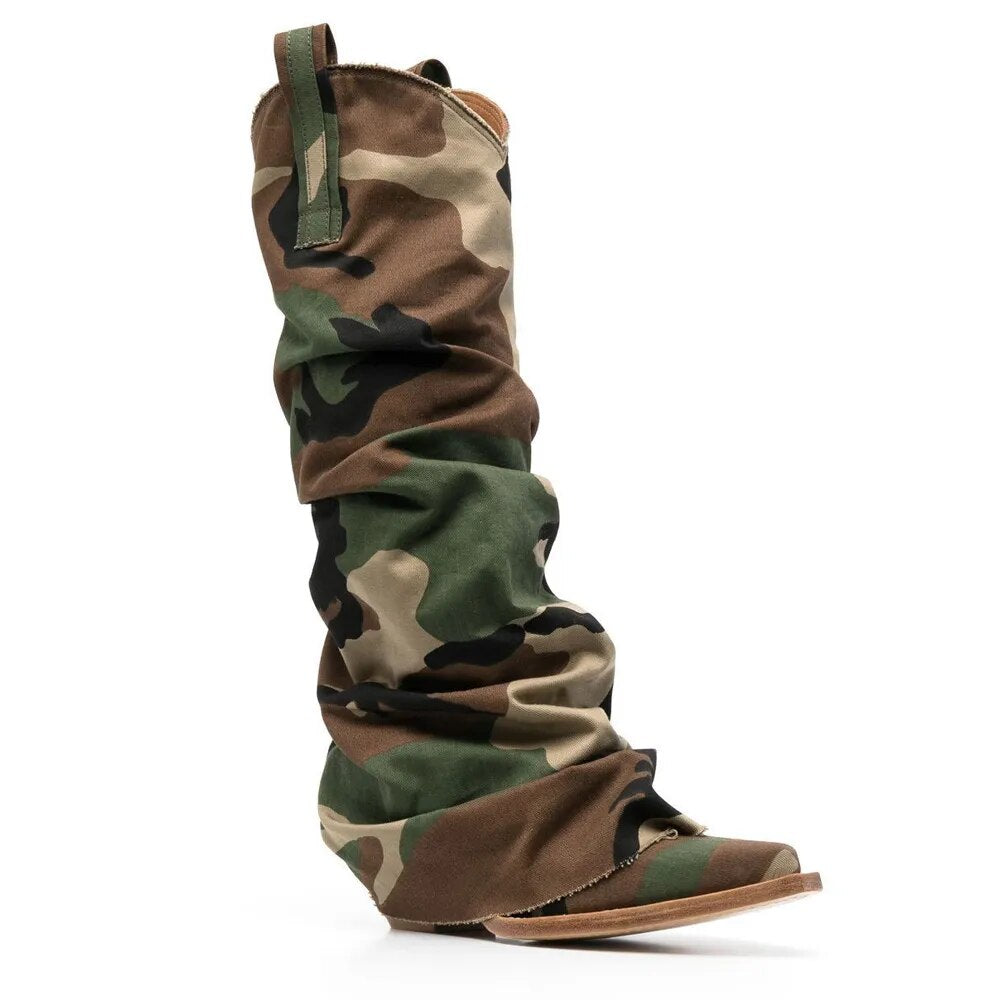 Steve Madden Inspired  Denim Wedge-Soled Sleeve Knee Boots