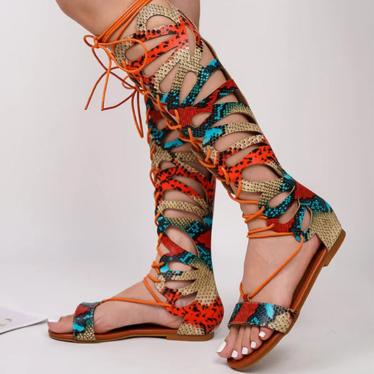Multi-Color Snake Print Knee Length Flat Sandals