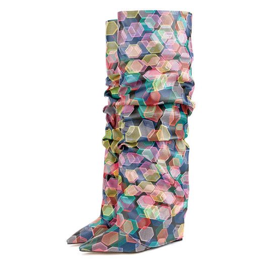 Multi-Color Cube Design Knee Length High Heel Boots