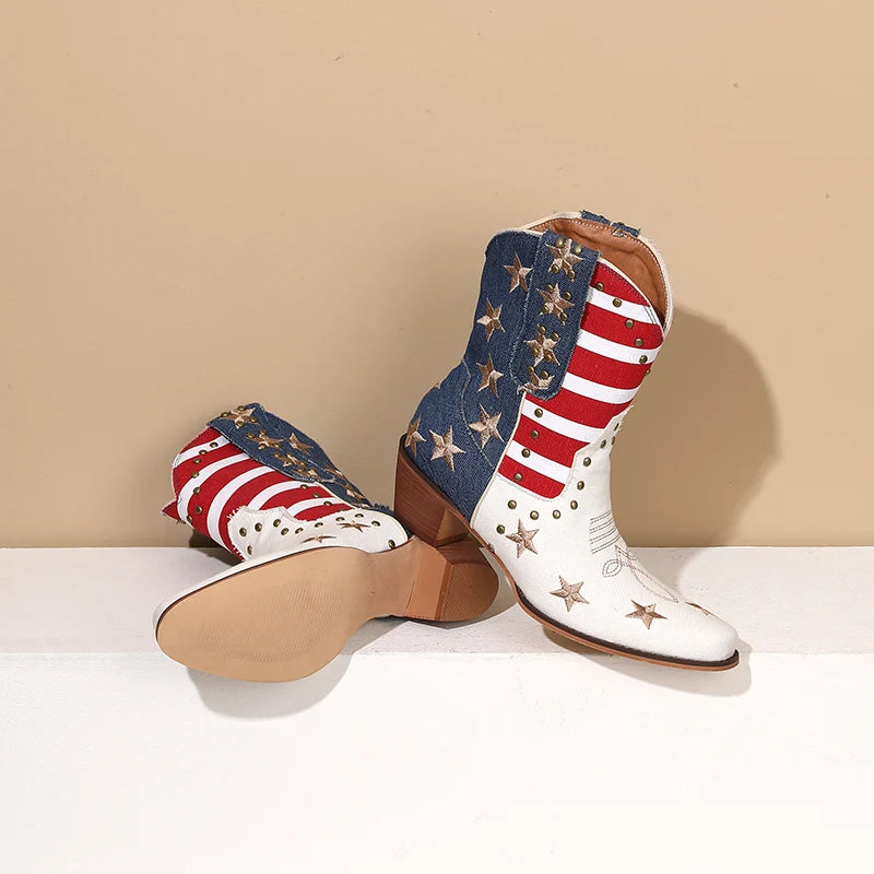 Western Cowboy USA Flag High Heel Ankle Boots