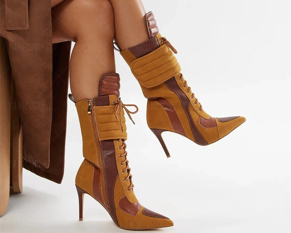 Mid-Calf Motorcycle High Heel Stiletto Boots