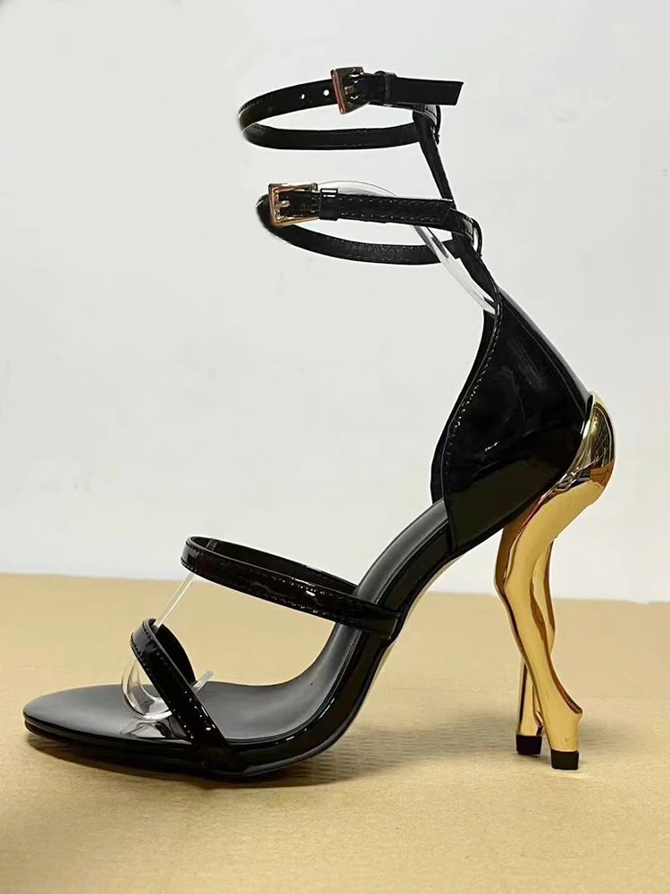 Double Strap Gold Leg Shaped High Heel Sandals