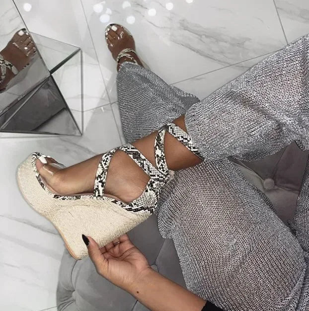 Snake Print Strap Wedge Heels