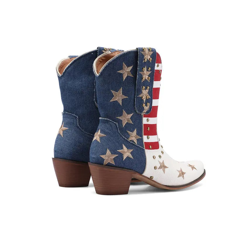 Western Cowboy USA Flag High Heel Ankle Boots