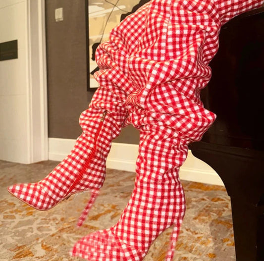 Pink Plaid Over The Knee High Heel Boots