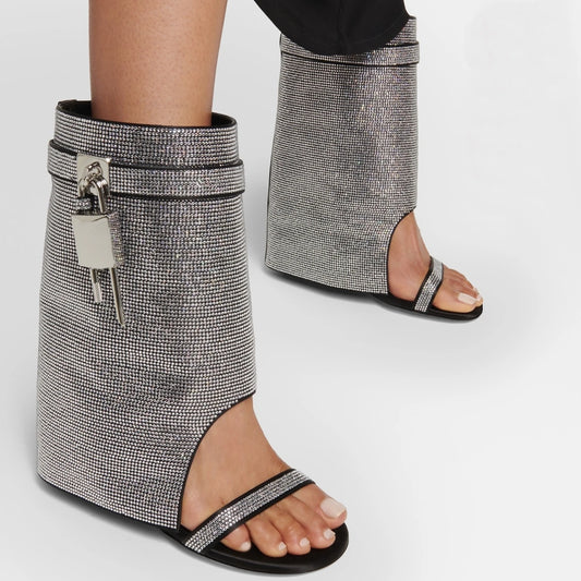 "Shark Lock" Detail Crystal Embellished Wide Mid Calf Flat Sandals