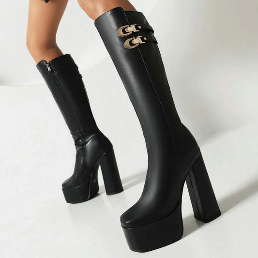 Skin Tight Double Buckle Clip Platform High Heel Boots