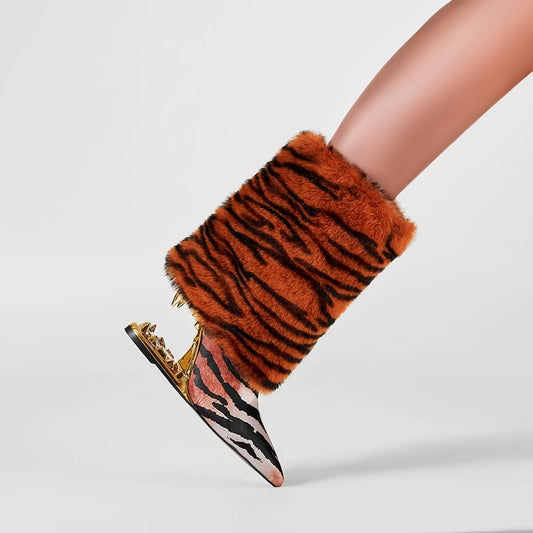 Tiger Print Fang High Heel Ankle Boots