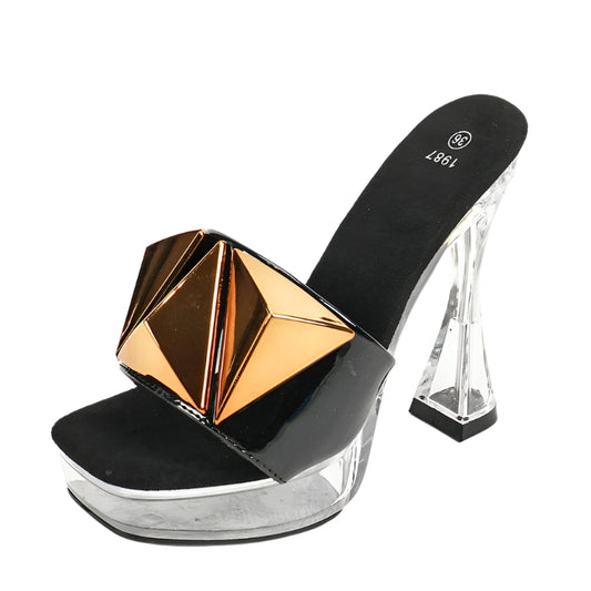 Geometric Gold Detail Clear Platform High Heel Sandals