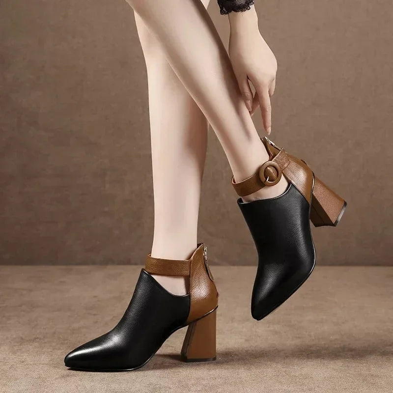 Black & Brown Cut Out Circle Buckle High Heel Ankle Boots