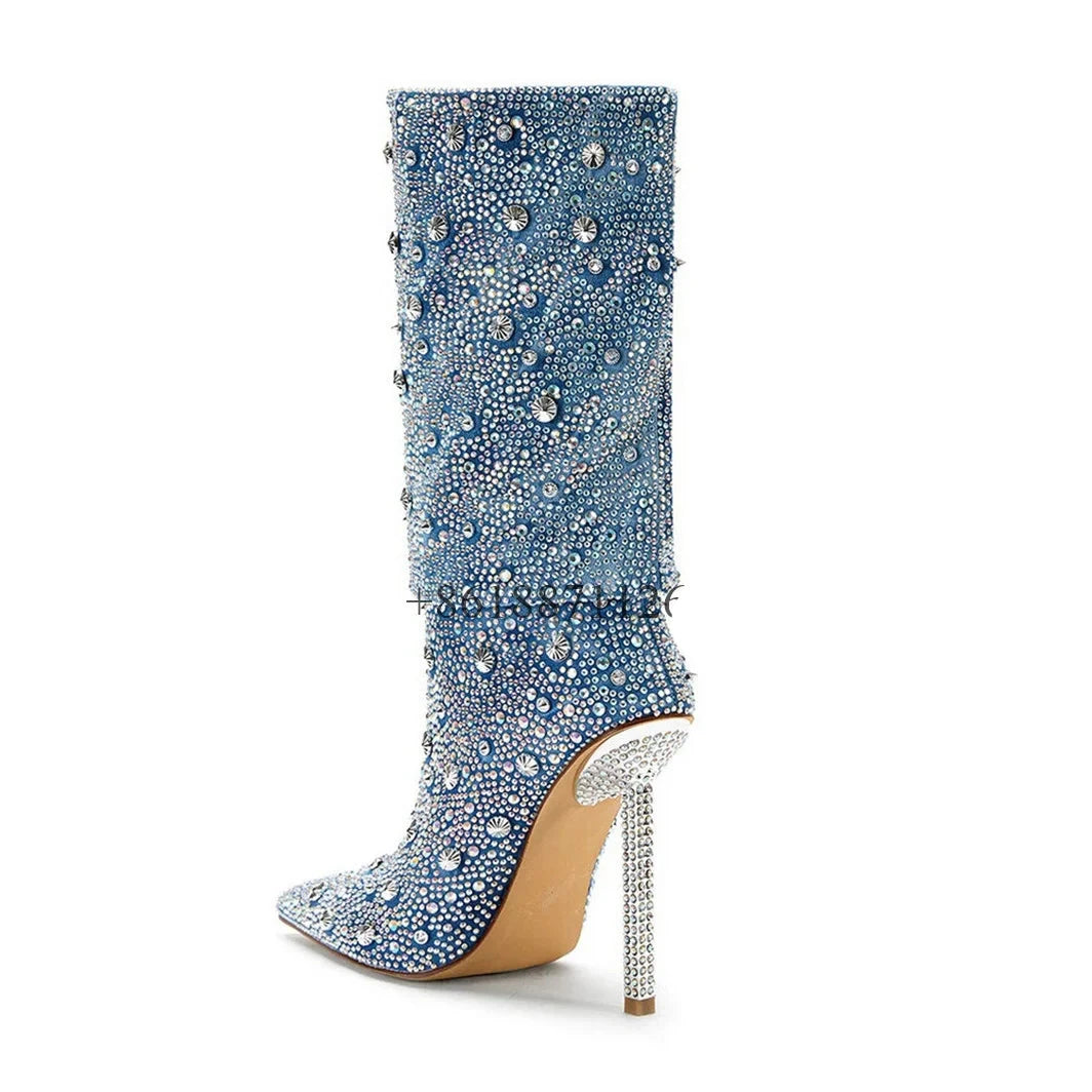 Denim Rhinestone Boots Inspired by Azaela Wang