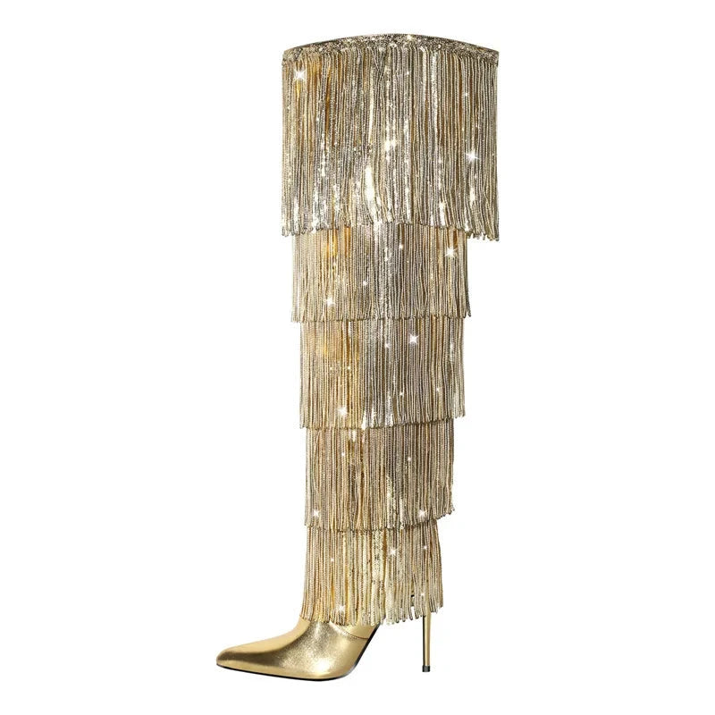 Metallic Fringe Over The Knee Boots