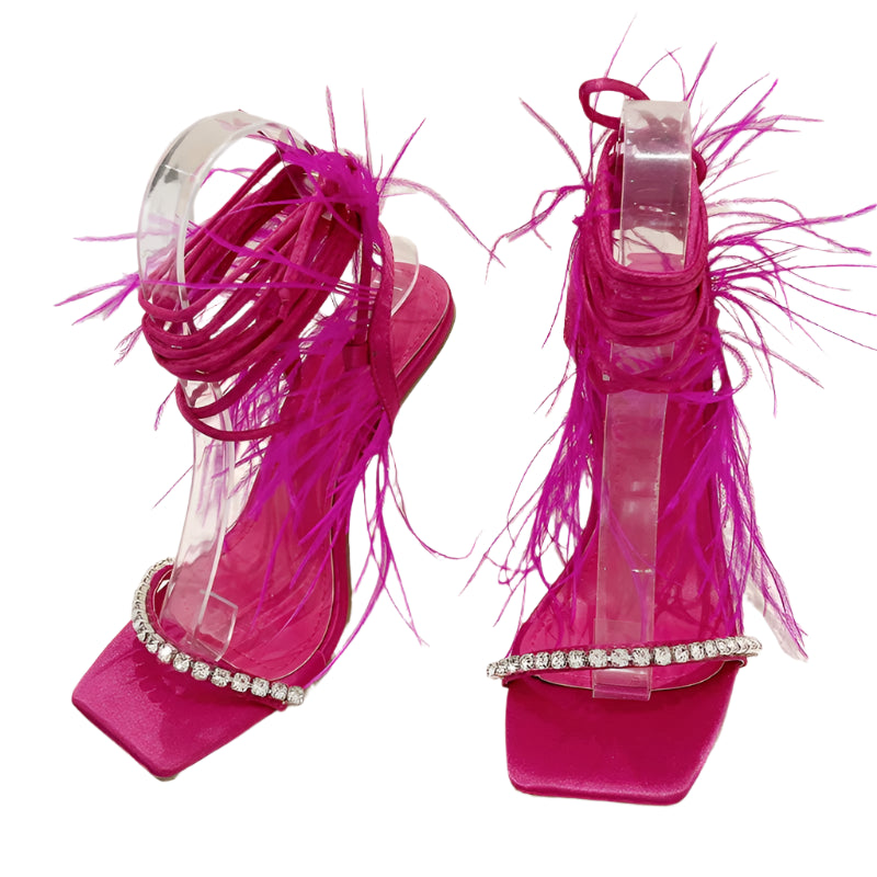 Rhinestone Feather Lace-up Stiletto Heel Sandal