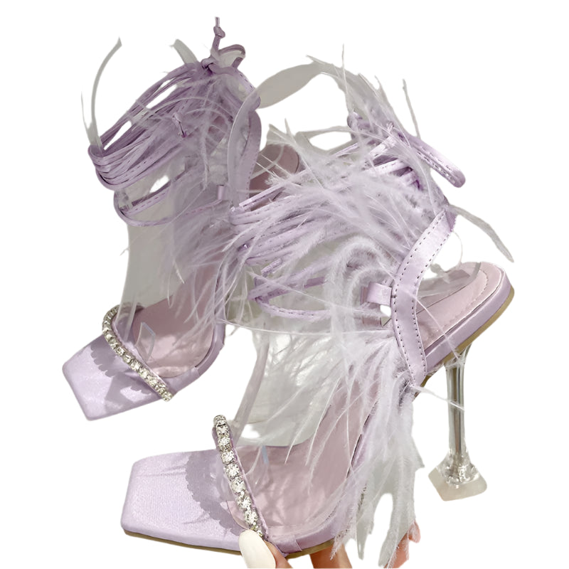 Rhinestone Feather Lace-up Stiletto Heel Sandal