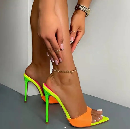 Color-Block High Heel Mule Sandals