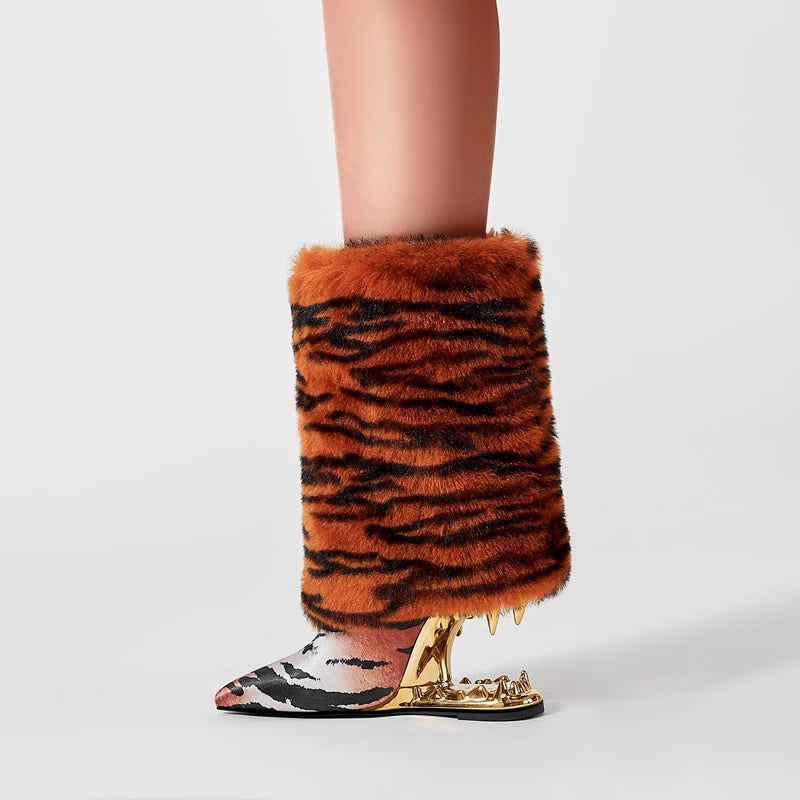 Tiger Print Fang High Heel Ankle Boots