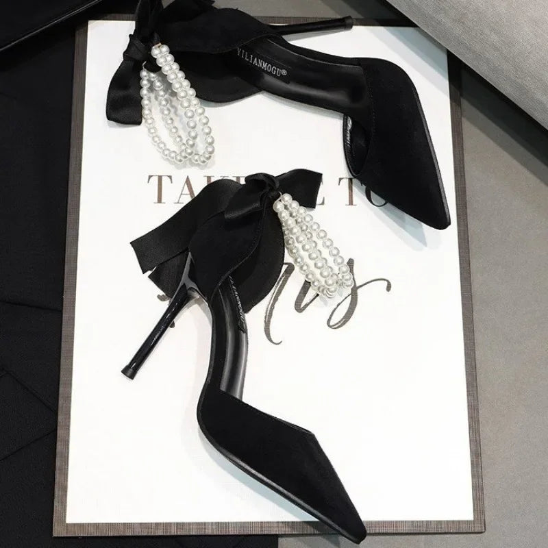 Black Bow With Pearls Wedding Pumps