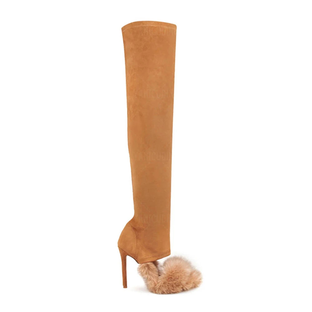 Suede x Fur Over The Knee Stiletto Boots