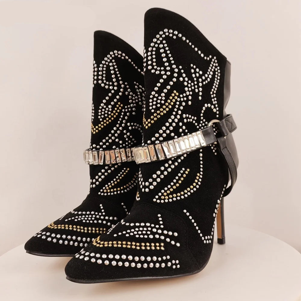 Rhinestone Black Stiletto Ankle Boots Inspired By Isabel Marant