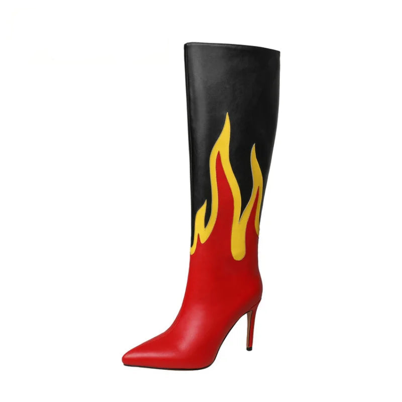 Flame Design Over The Knee High Heel Boots